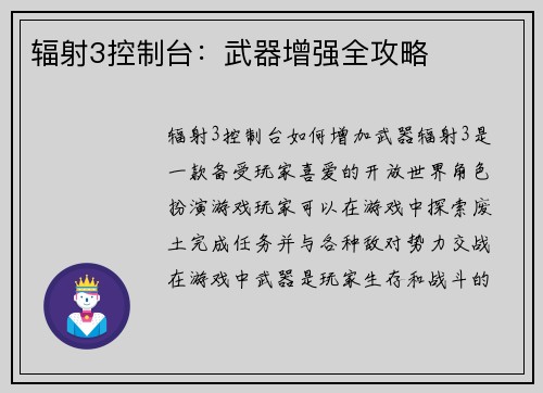 辐射3控制台：武器增强全攻略